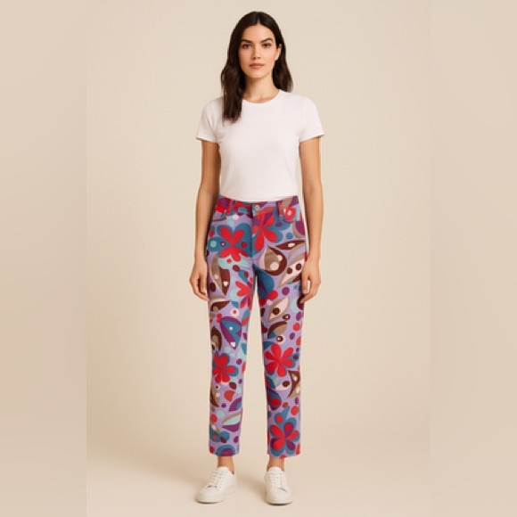 Vtg Y2K OILILY Cotton PSYCHEDELIC Art FLORAL Print High Waist JEANS size EU40 - Picture 1 of 8